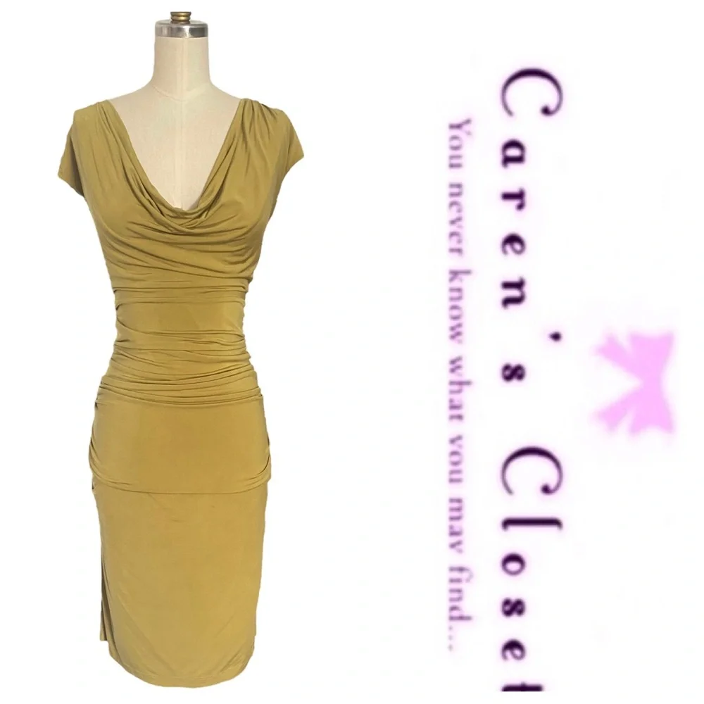 Andrew Marc Gold Stretch Jersey Ruched Body-con Cocktail Dress - Picture 1 of 10